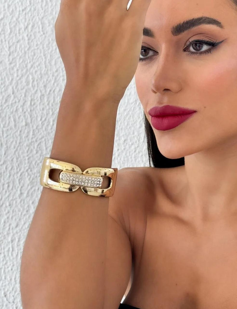 Bracelete Folheado Dourado Corrente Strass