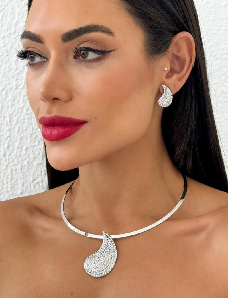 Conjunto Prata Colar Chocker + Brinco Gota Strass