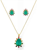 Conjunto Colar e Brinco Verde Formato "Diamante" Folheado