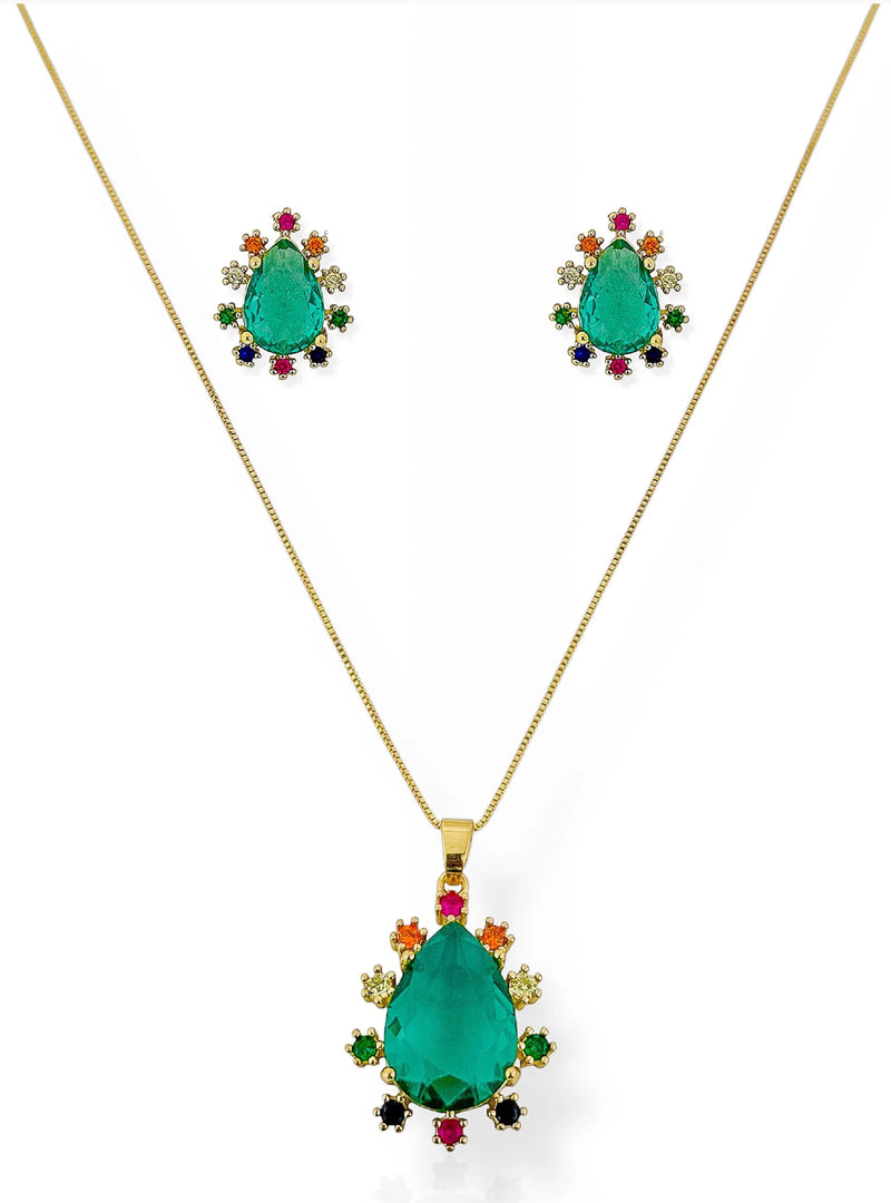 Conjunto Colar e Brinco Verde Formato "Diamante" Folheado