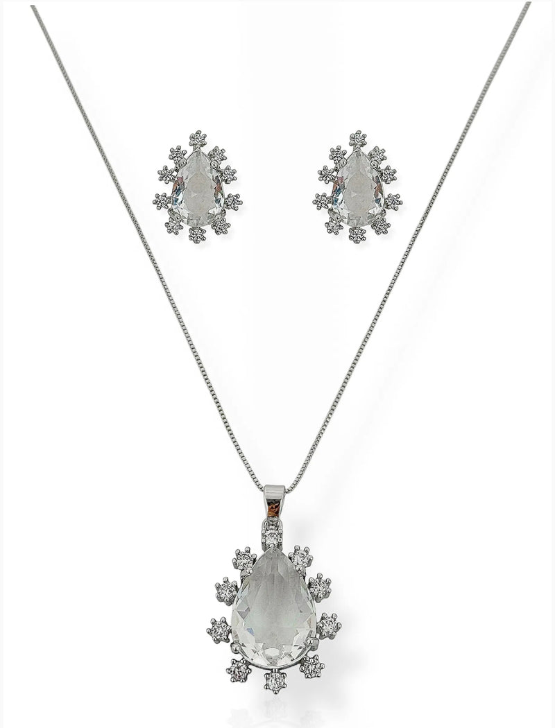 Conjunto Colar e Brinco Formato Pedra "Diamante" Prata