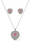 Conjunto Brinco e Colar Prata De Coração Rosa