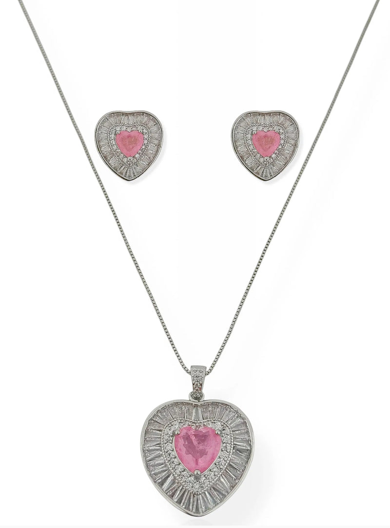 Conjunto Brinco e Colar Prata De Coração Rosa