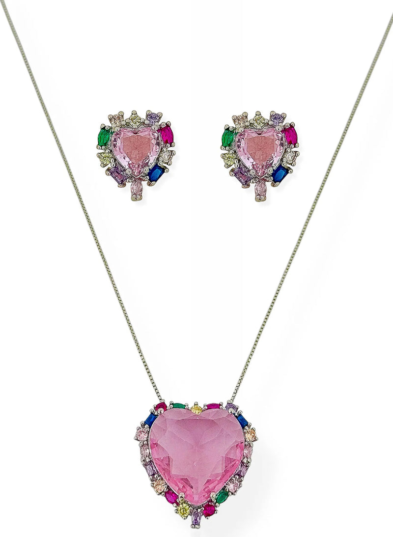 Conjunto Colar e Brinco Coração Rosa Prata