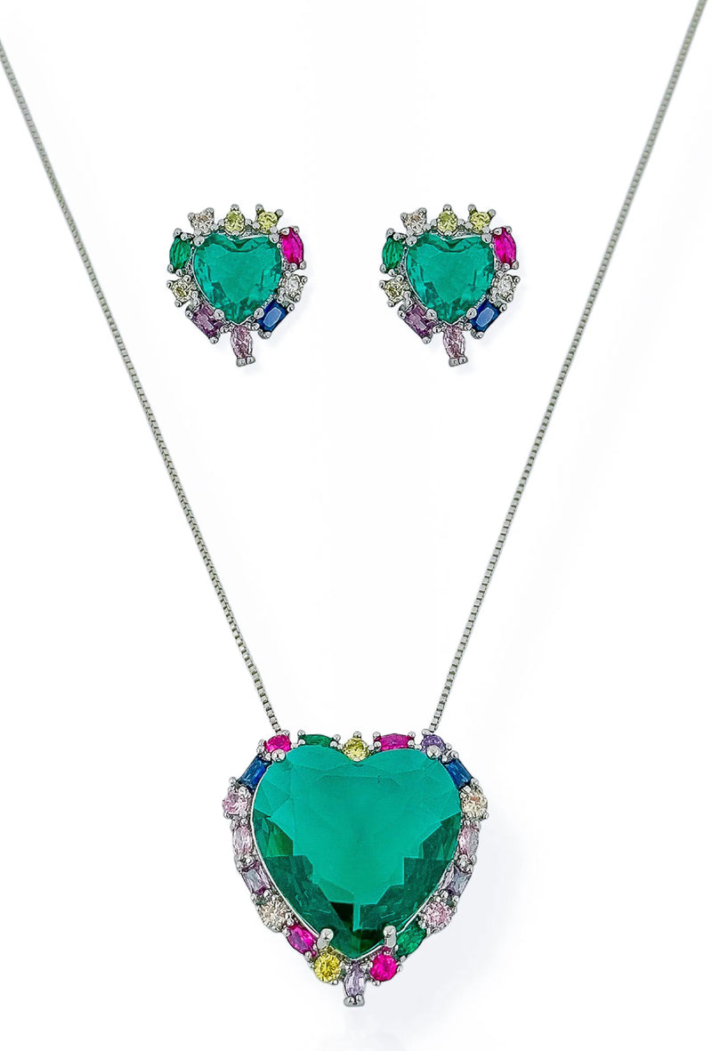 Conjunto Colar + Brinco Prata Coração Verde