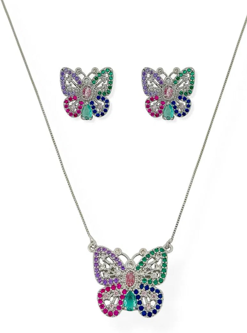 Conjunto Colar e Brinco Coração Colorido Prata