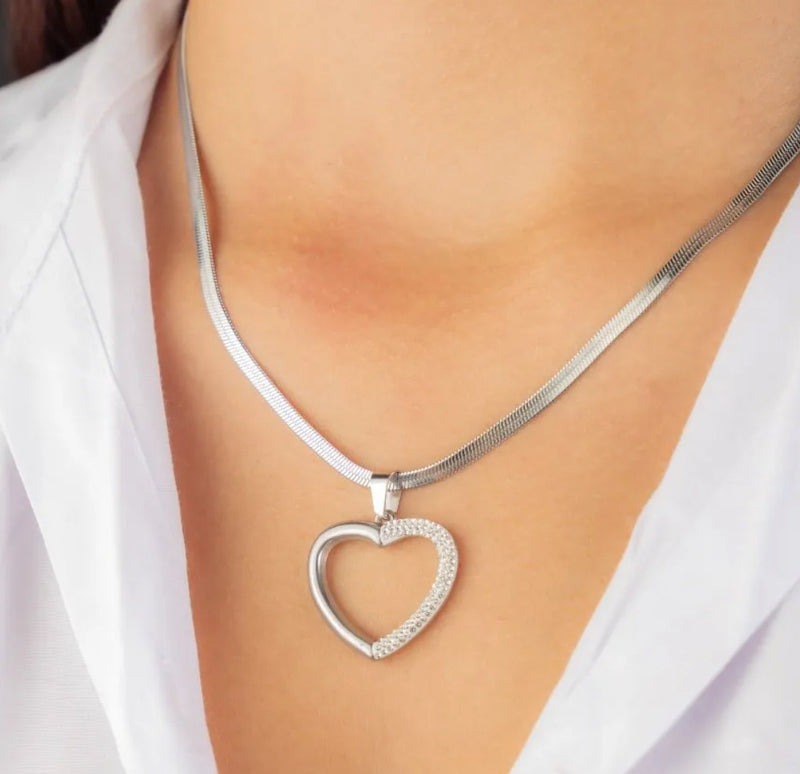 Colar De Coração Brilhante Aço Inoxidável