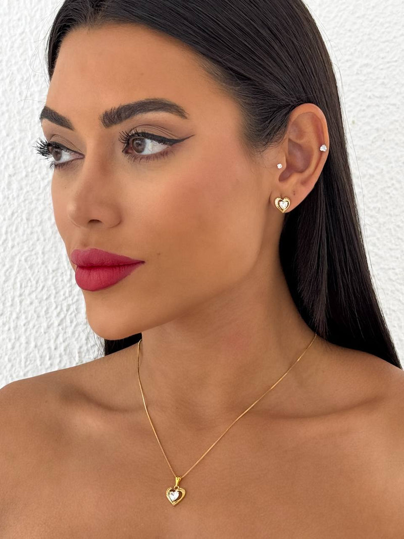 Conjunto Folheado Dourado Colar + Brinco Coração Duplo