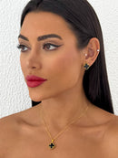 Conjunto Folheado Dourado Colar + Brinco Trevo Preto