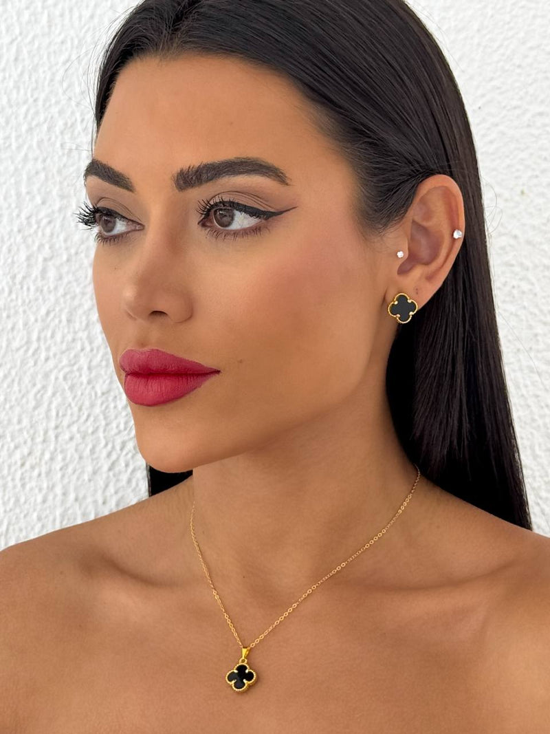 Conjunto Folheado Dourado Colar + Brinco Trevo Preto