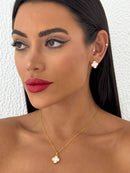 Conjunto Folheado Dourado Colar + Brinco Trevo Branco