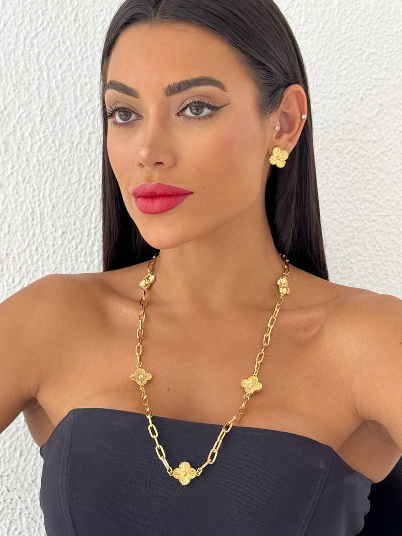 Conjunto Folheado Dourado Colar + Brinco Corrente Trevo