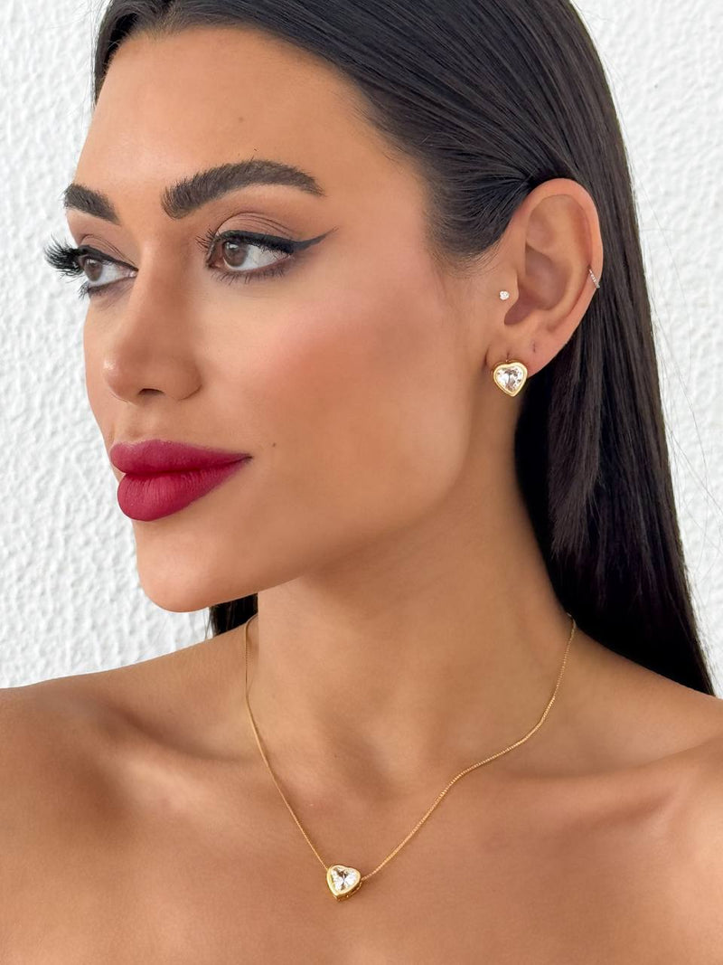 Conjunto Folheado Dourado Colar + Brinco Coração Diamante