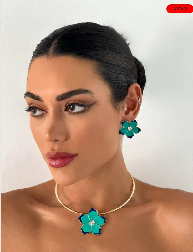 Conjunto Folheado Dourado Colar + Brinco Flor Verde Azul